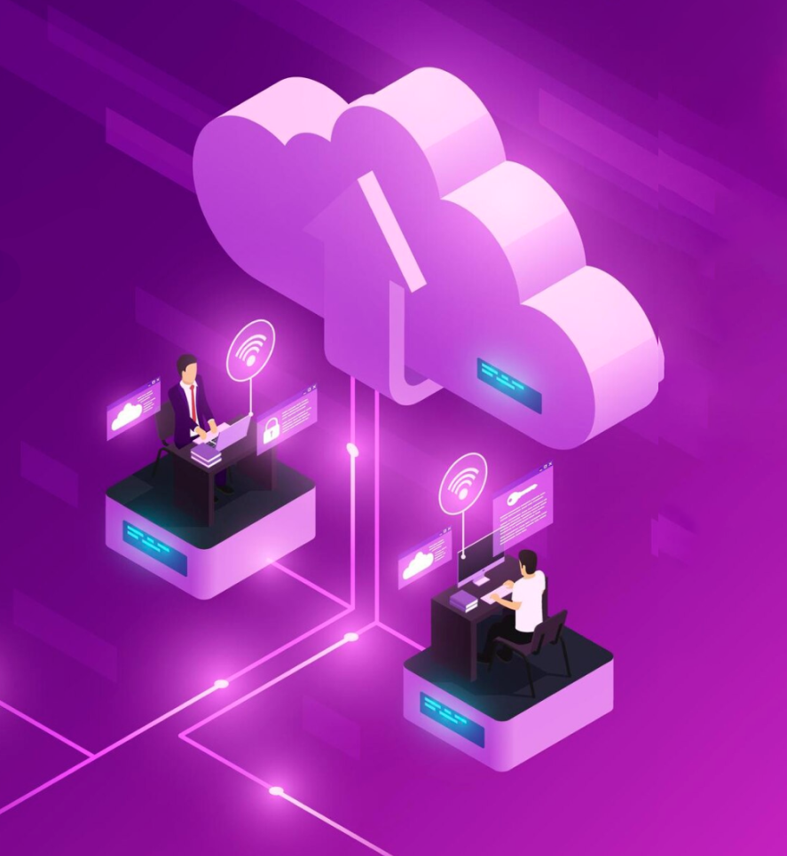 Una nube y dos personas trabajando para ilustrar a los Cloud Managed Services